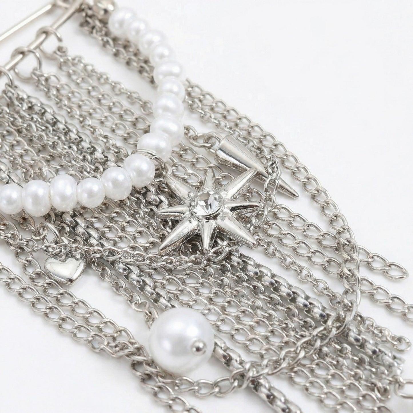 Safety Pin Brooch Chain Fringe Tassel Pearl Bead Detail Star Charm Design