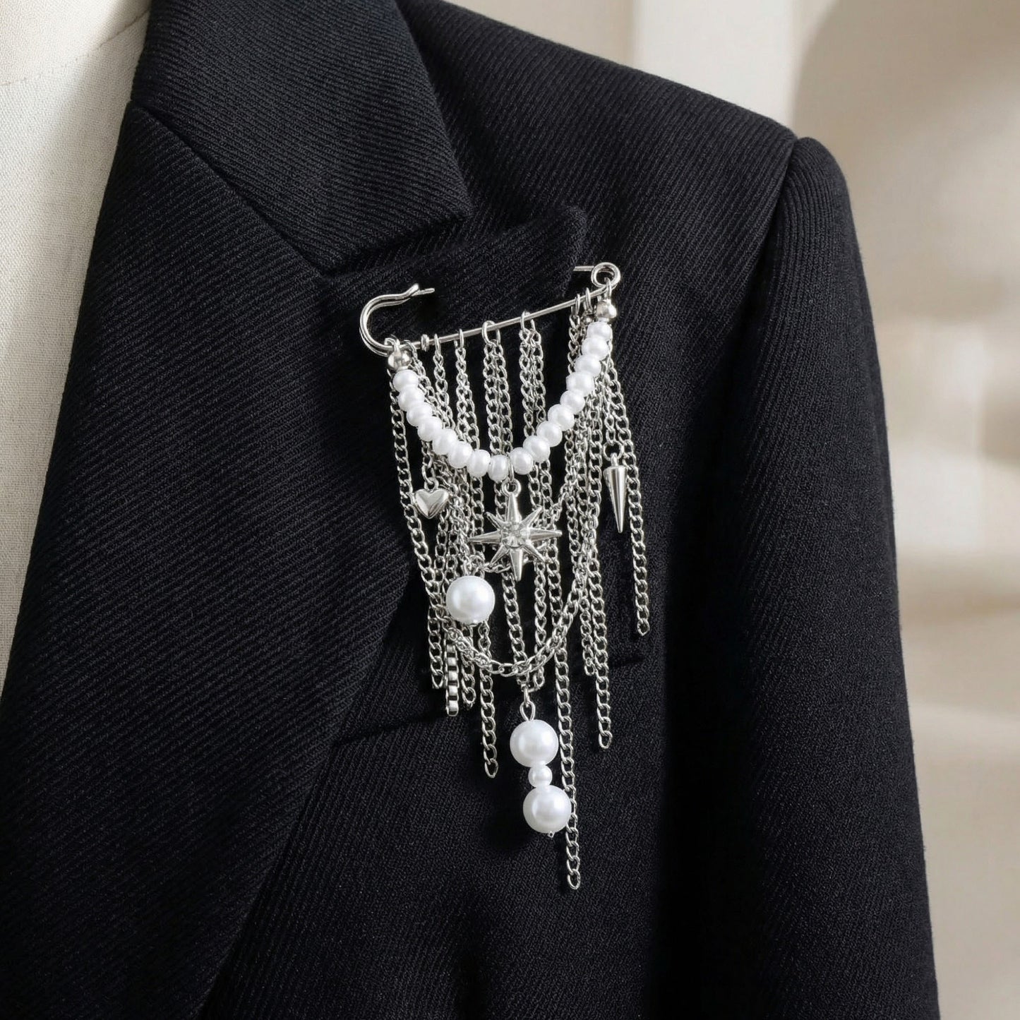 Safety Pin Brooch Chain Fringe Tassel Pearl Bead Detail Star Charm Design
