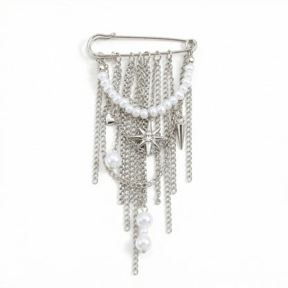 Safety Pin Brooch Chain Fringe Tassel Pearl Bead Detail Star Charm Design