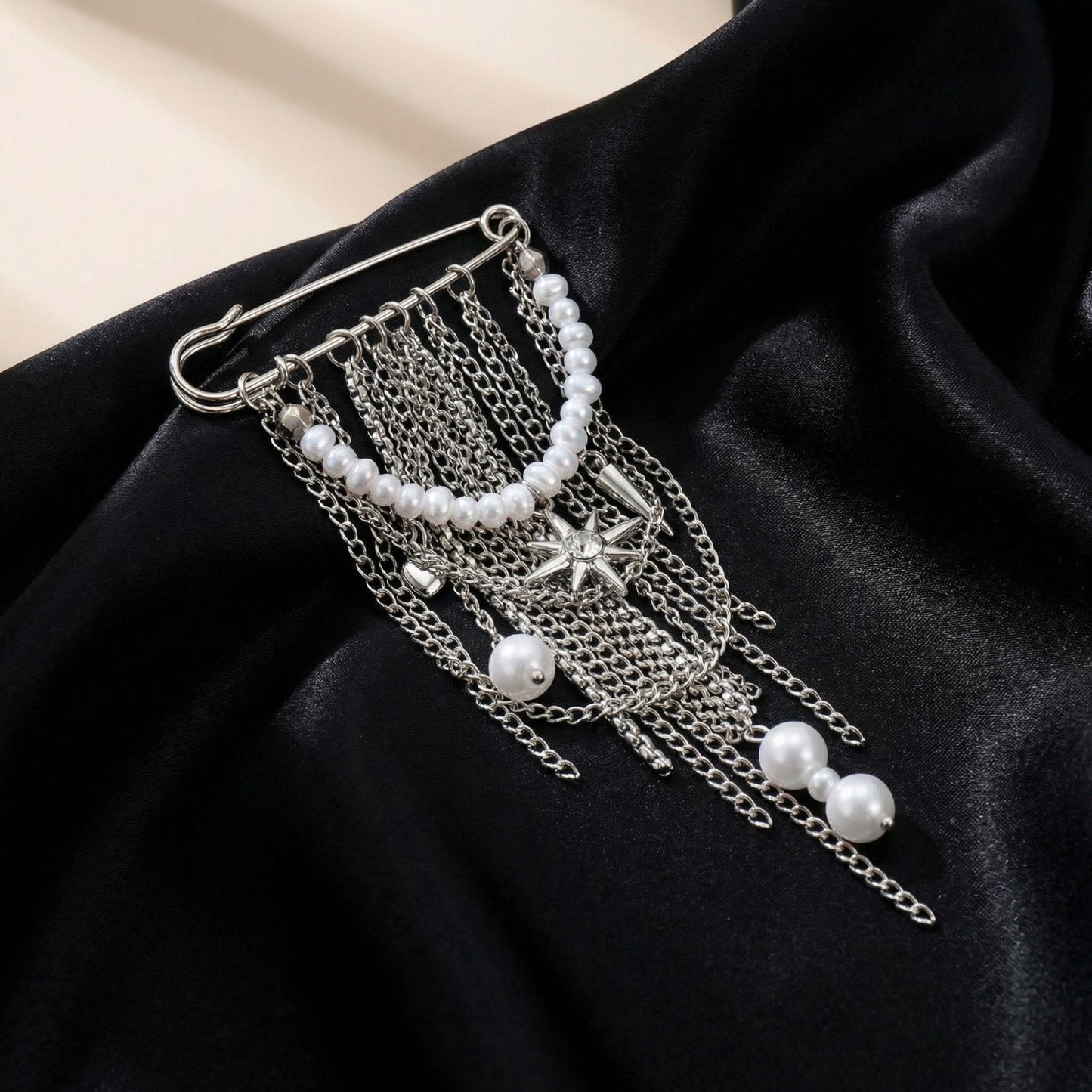 Safety Pin Brooch Chain Fringe Tassel Pearl Bead Detail Star Charm Design