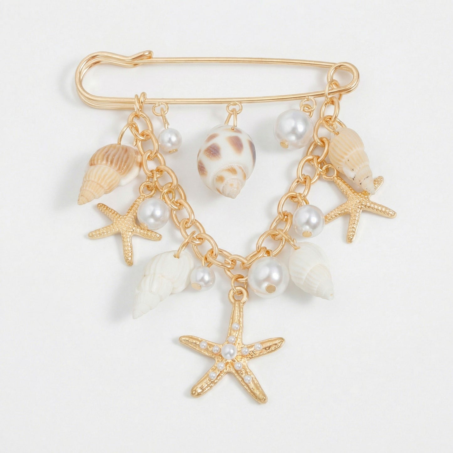 Safety Pin Brooch Seashell Charm Starfish Pendant Pearl Accent Chain Detail