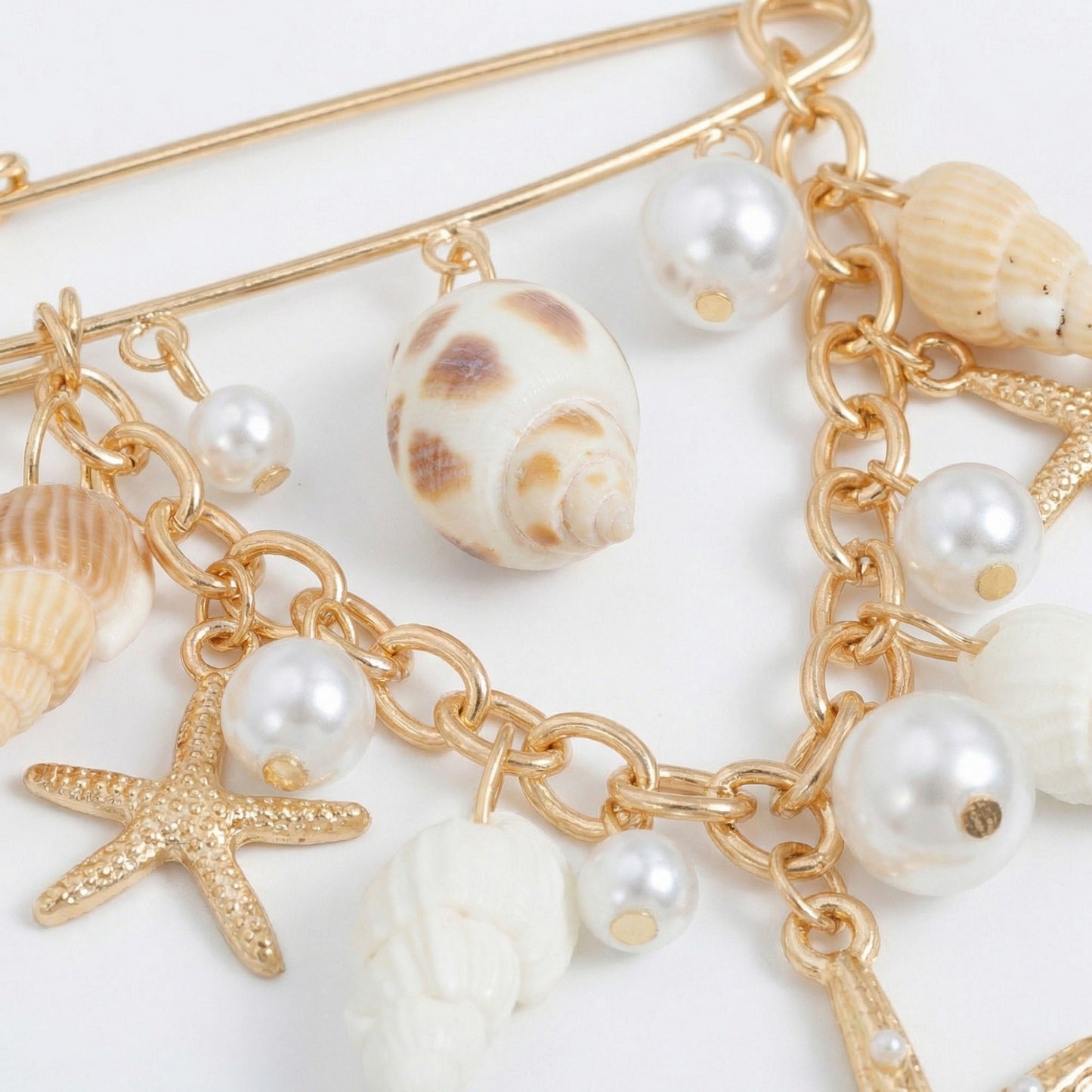 Safety Pin Brooch Seashell Charm Starfish Pendant Pearl Accent Chain Detail