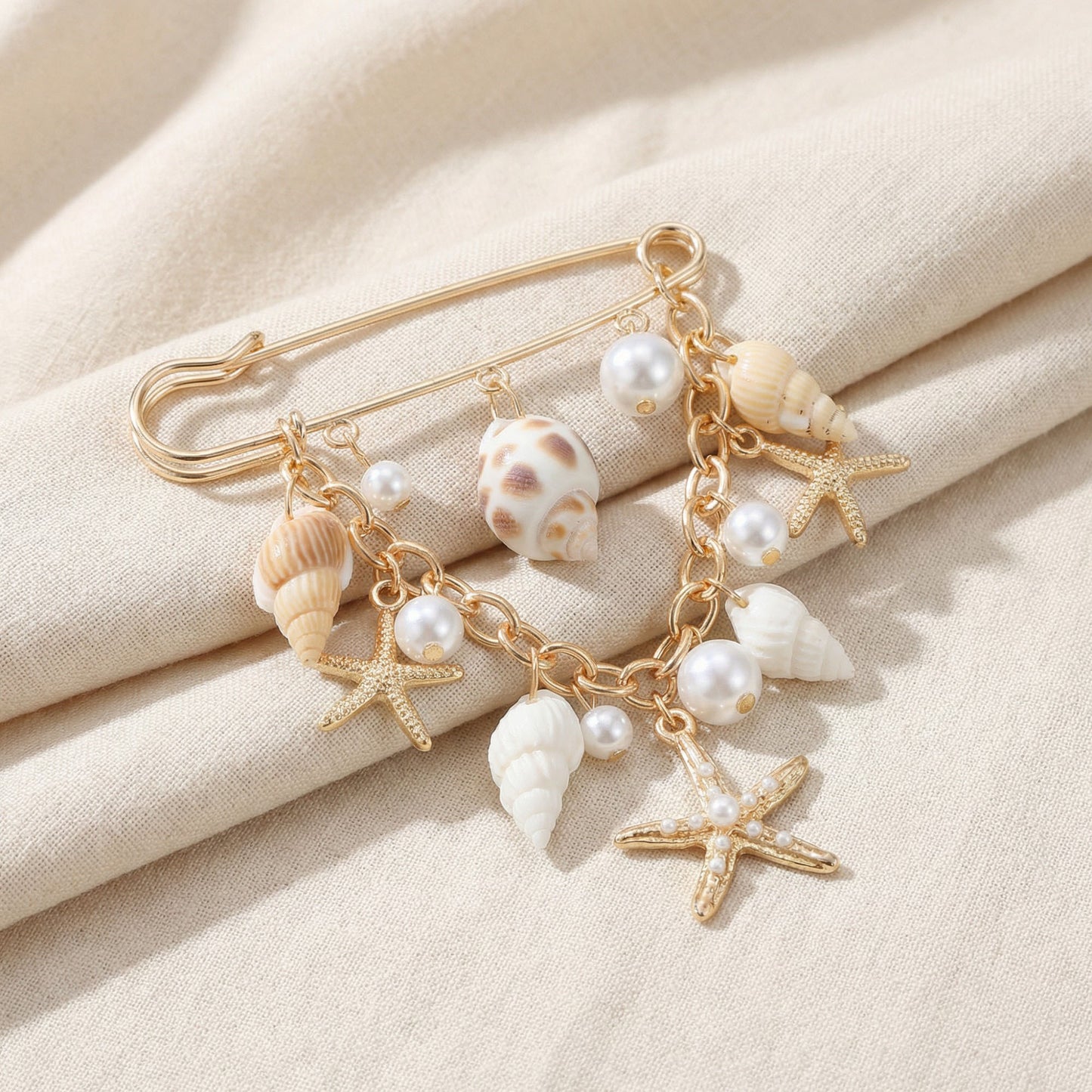 Safety Pin Brooch Seashell Charm Starfish Pendant Pearl Accent Chain Detail