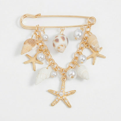 Safety Pin Brooch Seashell Charm Starfish Pendant Pearl Accent Chain Detail