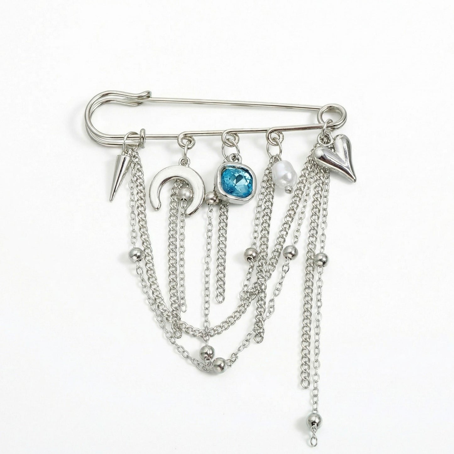 Safety Pin Brooch Chain Tassel Blue Gem Accent Heart Charm Multi Pendant Design