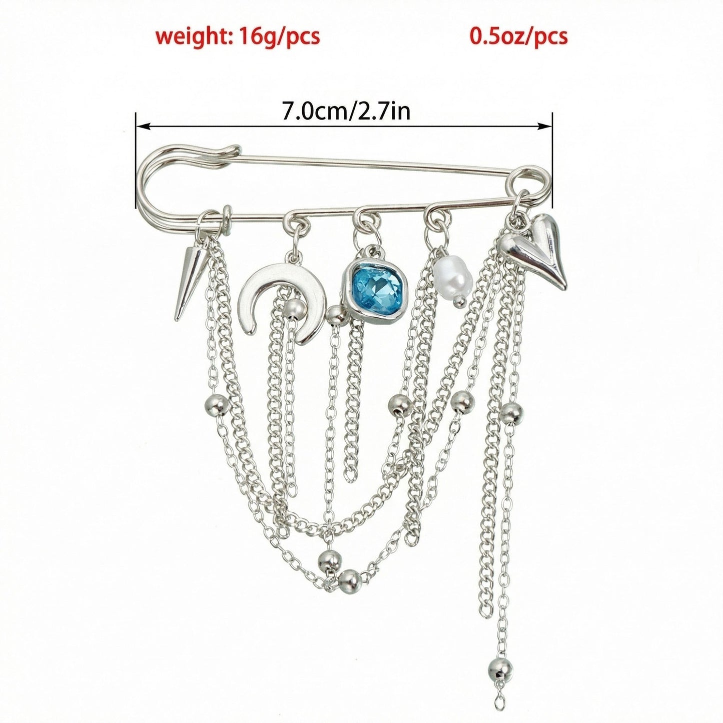 Safety Pin Brooch Chain Tassel Blue Gem Accent Heart Charm Multi Pendant Design