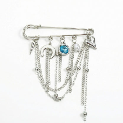 Safety Pin Brooch Chain Tassel Blue Gem Accent Heart Charm Multi Pendant Design