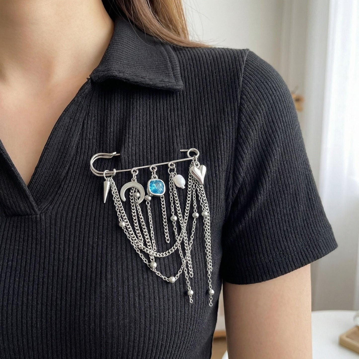 Safety Pin Brooch Chain Tassel Blue Gem Accent Heart Charm Multi Pendant Design