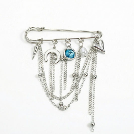 Safety Pin Brooch Chain Tassel Blue Gem Accent Heart Charm Multi Pendant Design