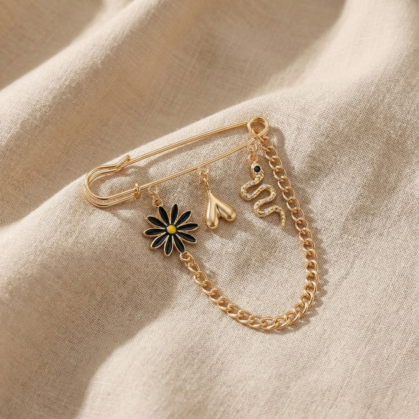 Safety Pin Brooch Floral Charm Snake Pendant Chain Detail Statement Design