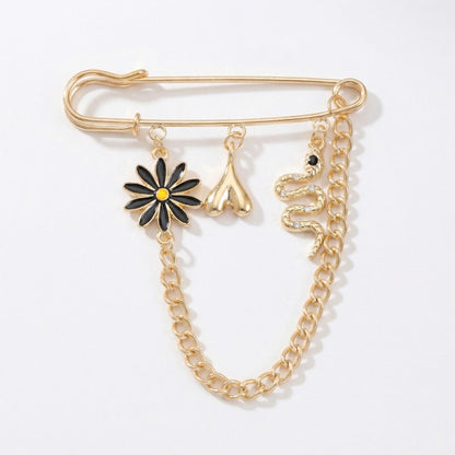 Safety Pin Brooch Floral Charm Snake Pendant Chain Detail Statement Design