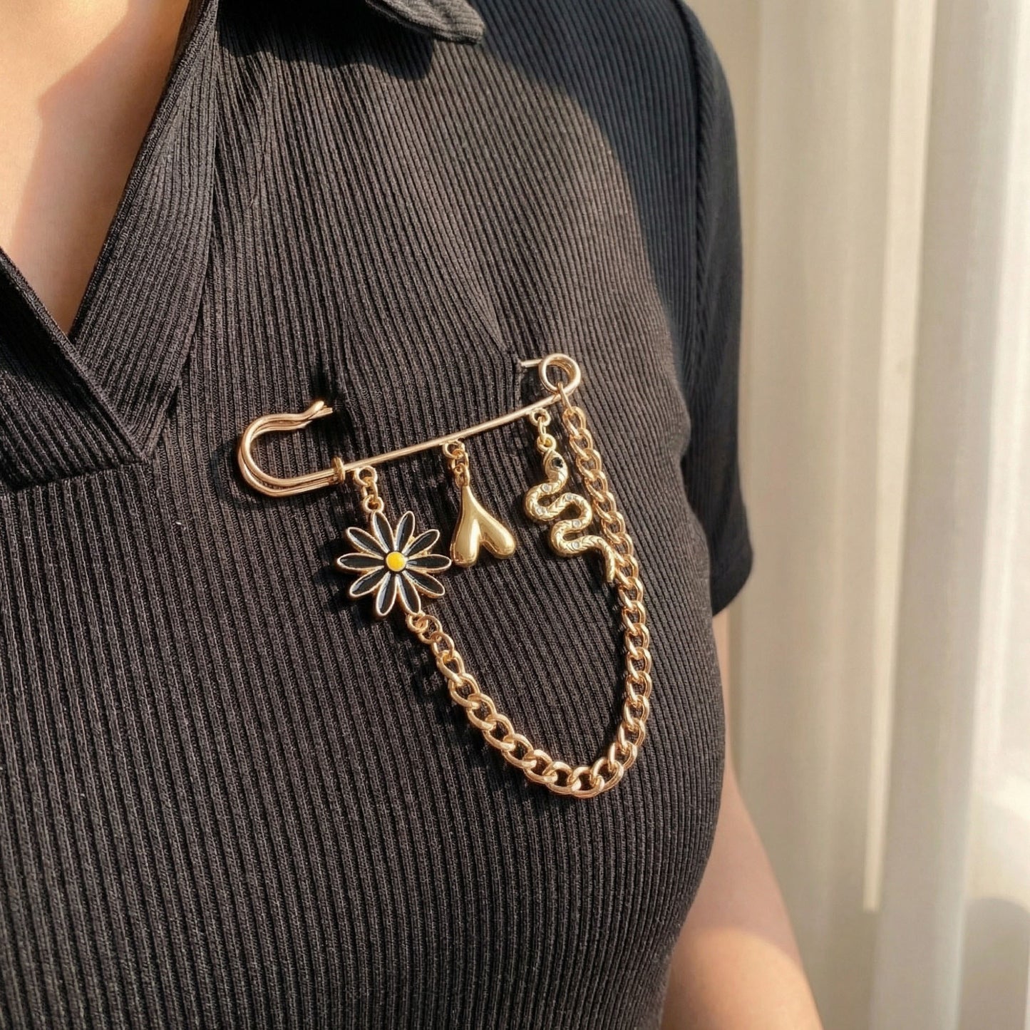 Safety Pin Brooch Floral Charm Snake Pendant Chain Detail Statement Design