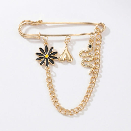 Safety Pin Brooch Floral Charm Snake Pendant Chain Detail Statement Design