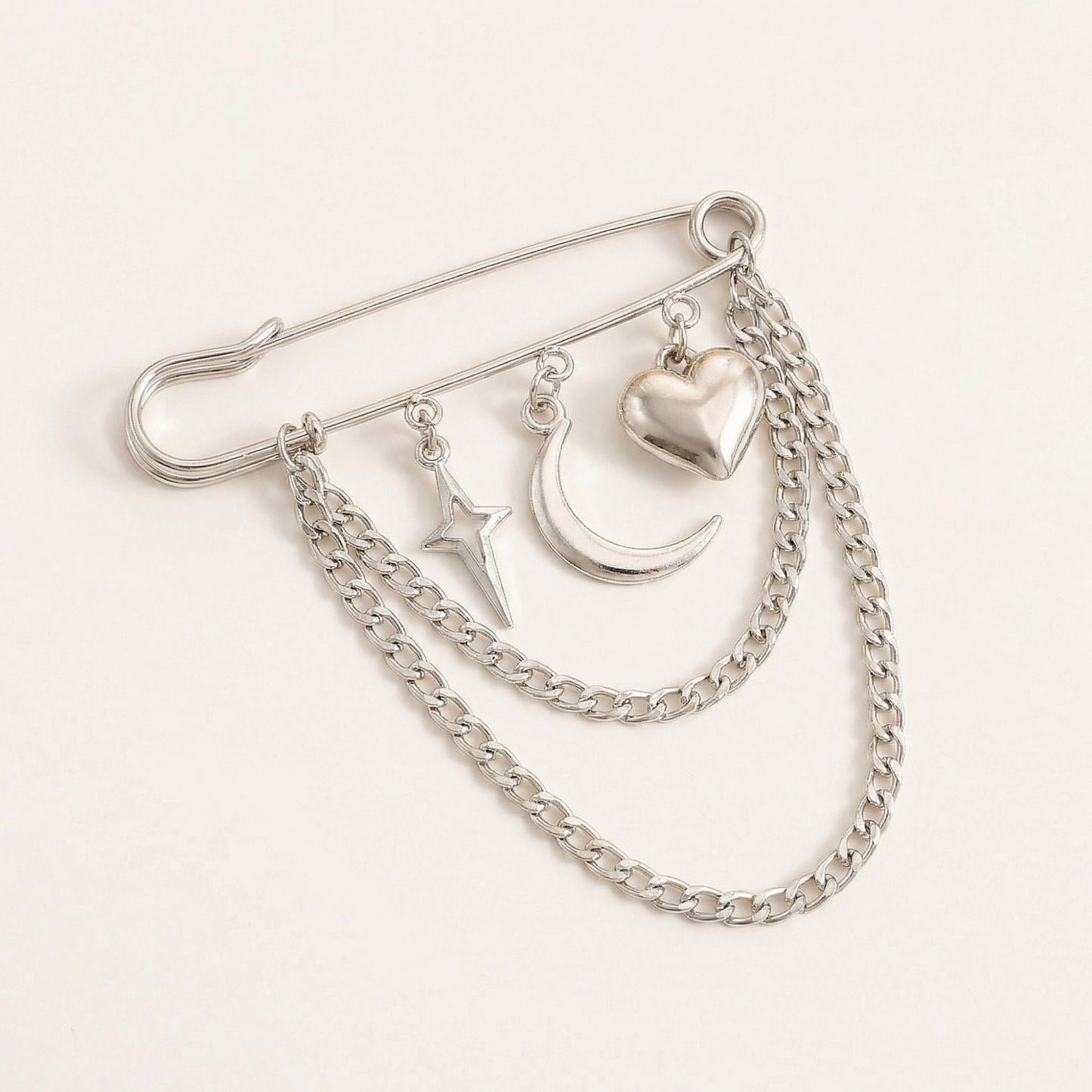 Safety Pin Brooch Star Charm Crescent Moon Pendant Heart Detail Chain Accent