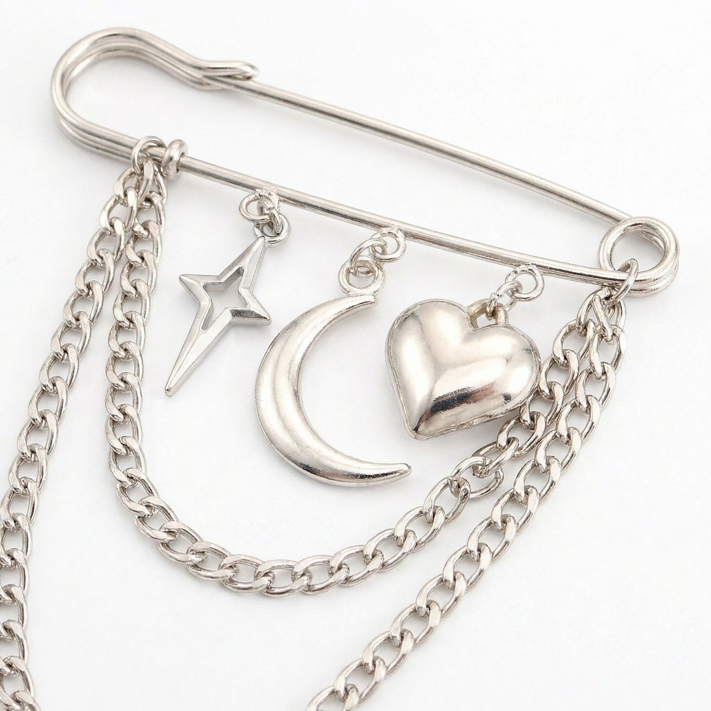 Safety Pin Brooch Star Charm Crescent Moon Pendant Heart Detail Chain Accent
