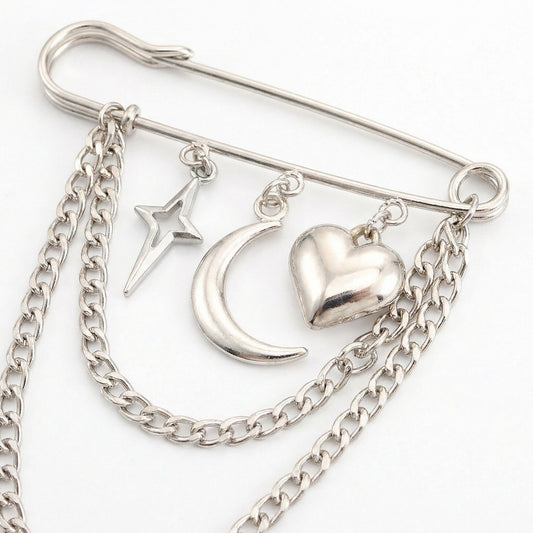 Safety Pin Brooch Star Charm Crescent Moon Pendant Heart Detail Chain Accent