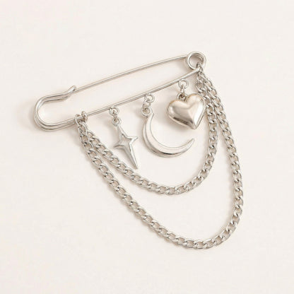 Safety Pin Brooch Star Charm Crescent Moon Pendant Heart Detail Chain Accent