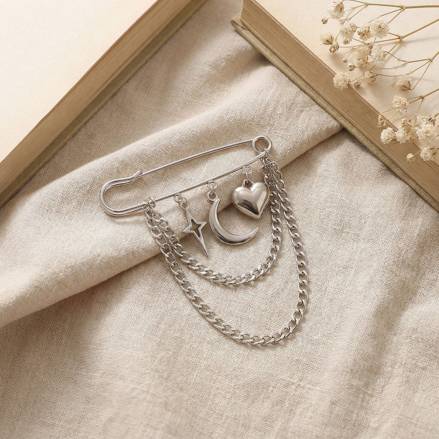 Safety Pin Brooch Star Charm Crescent Moon Pendant Heart Detail Chain Accent
