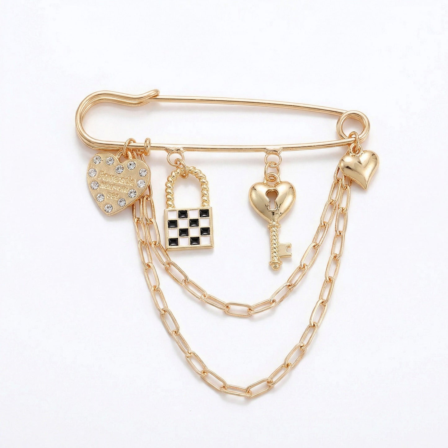 Safety Pin Brooch Heart Charm Key Pendant Lock Detail Chain Accent Design