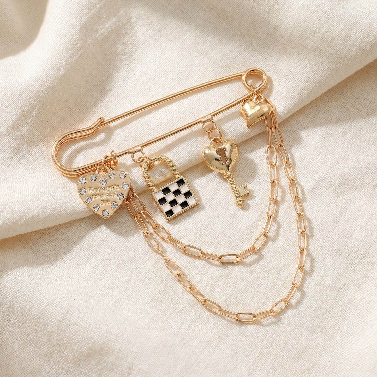 Safety Pin Brooch Heart Charm Key Pendant Lock Detail Chain Accent Design