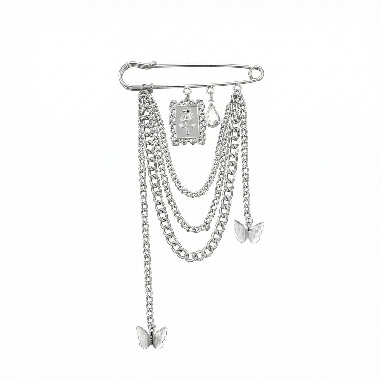 Safety Pin Brooch Chain Tassel Butterfly Charm Rose Pendant Statement Design