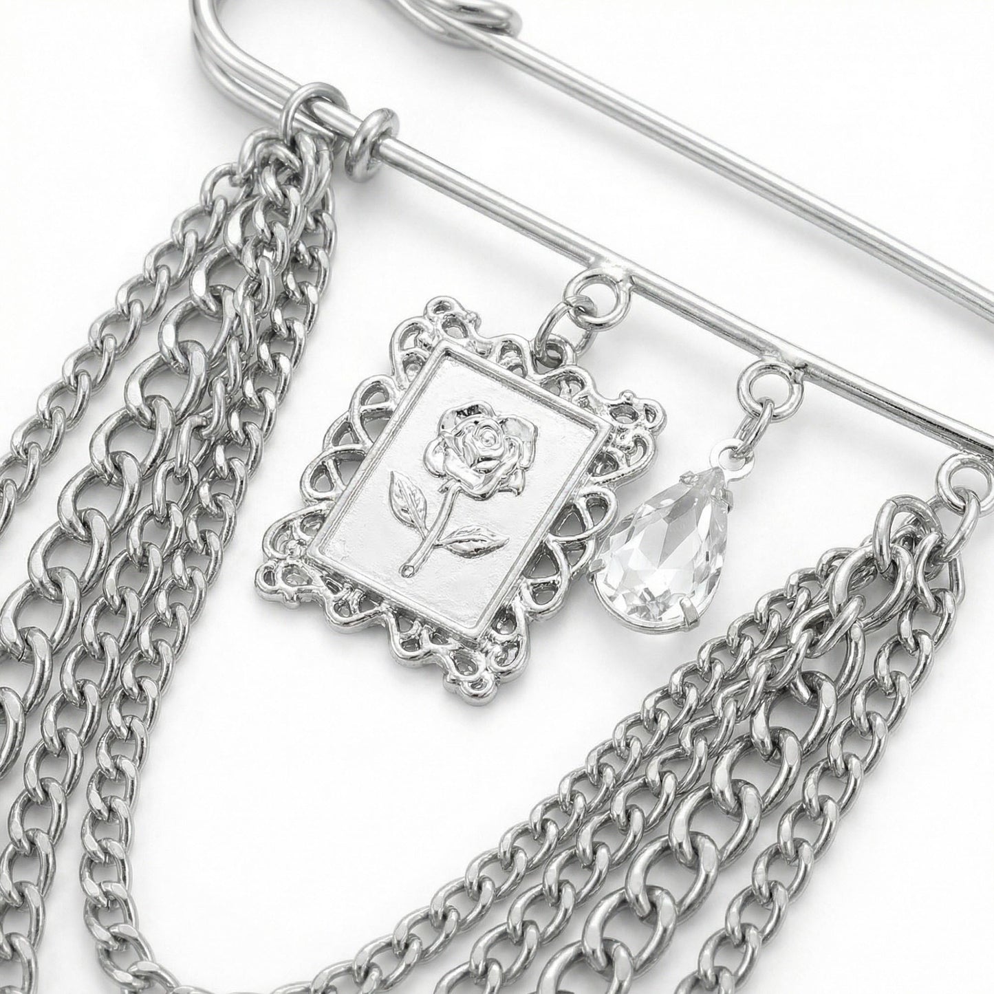 Safety Pin Brooch Chain Tassel Butterfly Charm Rose Pendant Statement Design