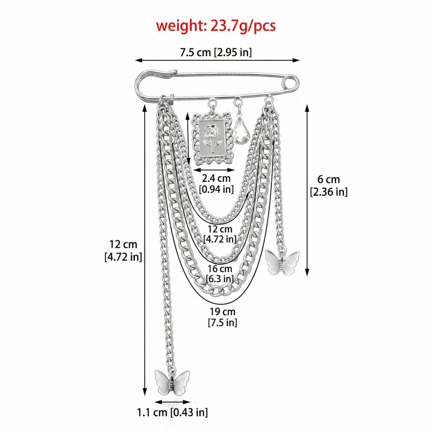 Safety Pin Brooch Chain Tassel Butterfly Charm Rose Pendant Statement Design