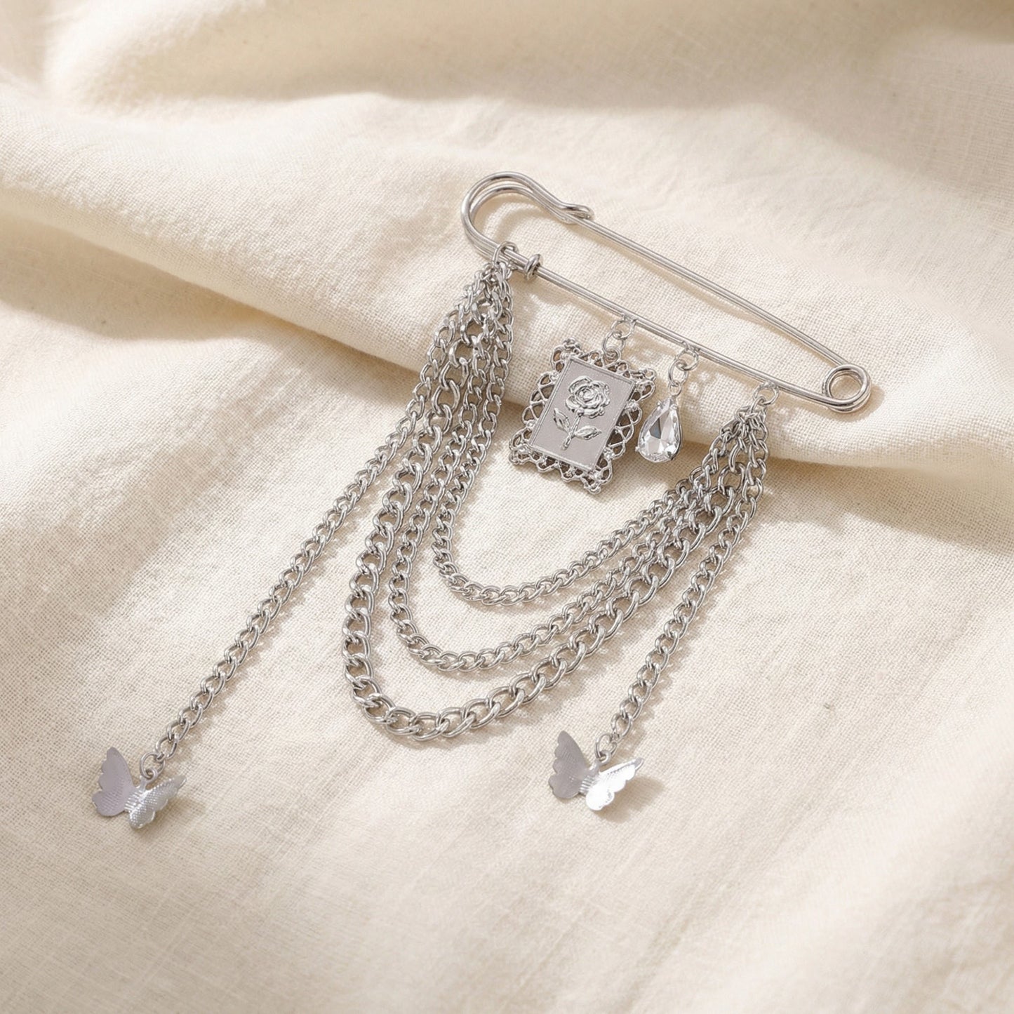 Safety Pin Brooch Chain Tassel Butterfly Charm Rose Pendant Statement Design