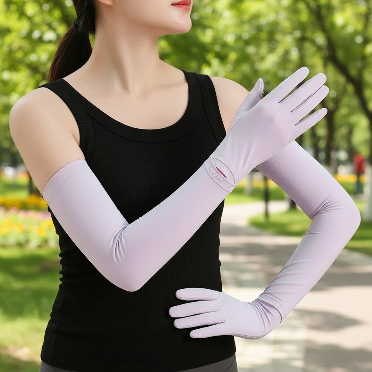 Arm Sleeves with Gloves Adjustable Cuff Breathable Cooling Sun Sleeves for Outdoor Use