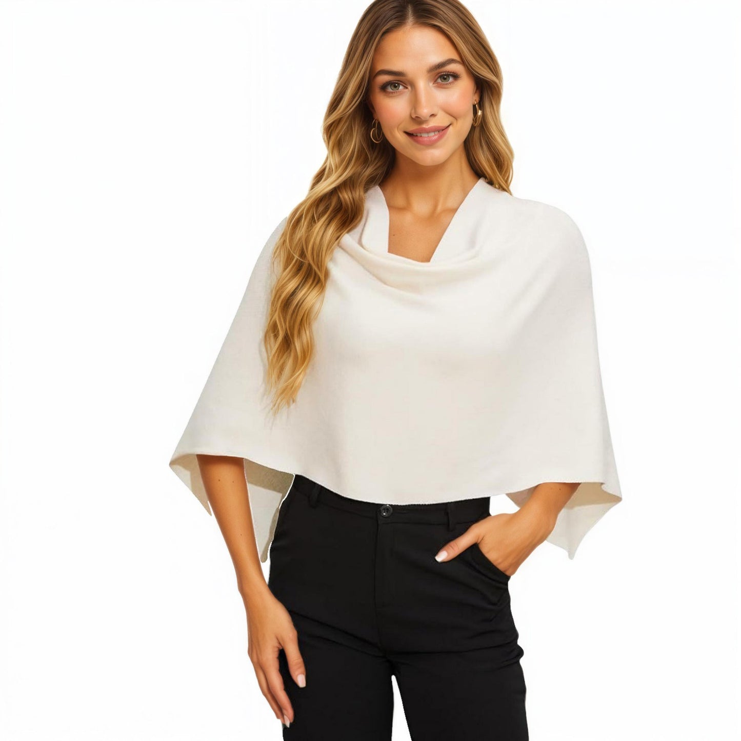Knit Shoulder Wrap with Draped Neckline and Asymmetrical Hem 25.5in