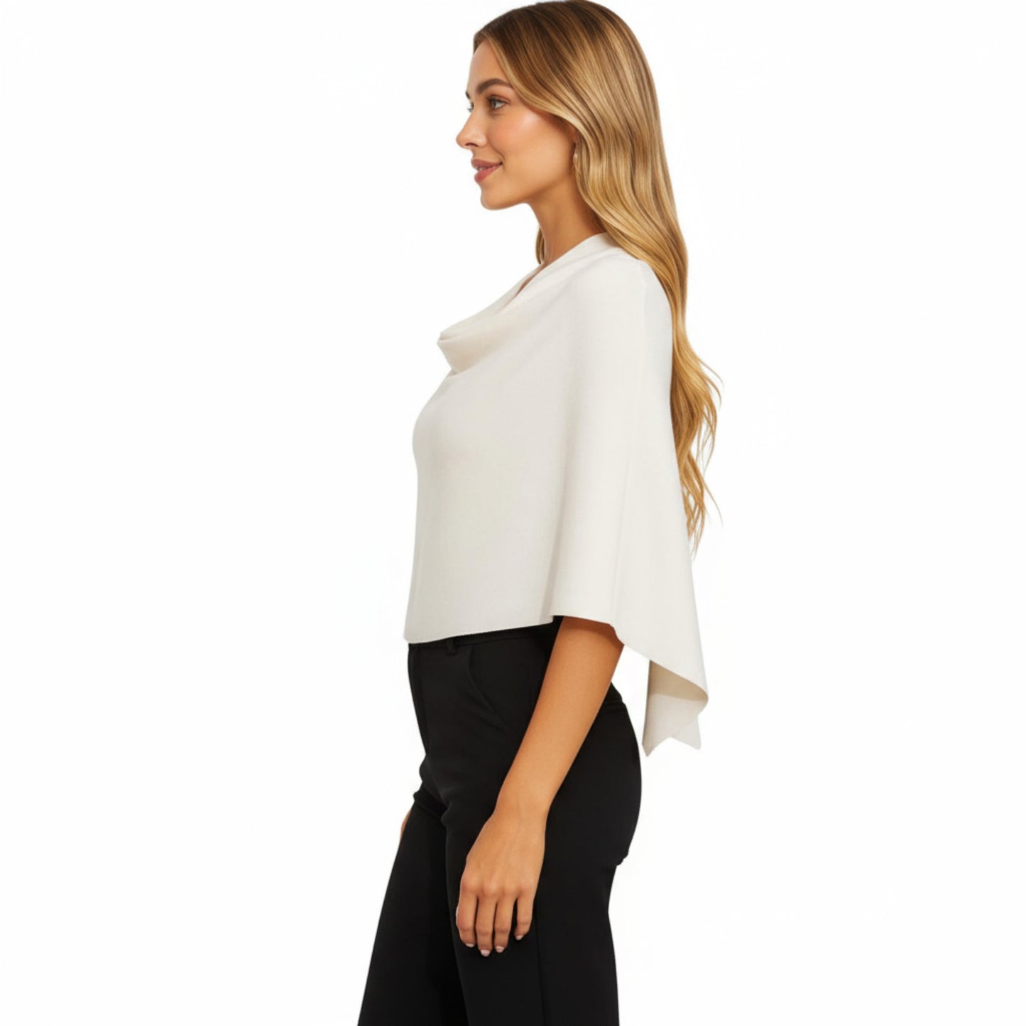 Knit Shoulder Wrap with Draped Neckline and Asymmetrical Hem 25.5in