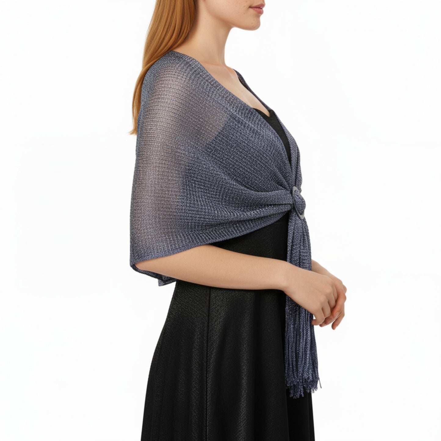 Shimmer Knit Shawl Wrap with Ring Detail and Fringe Hem 17.5x63in