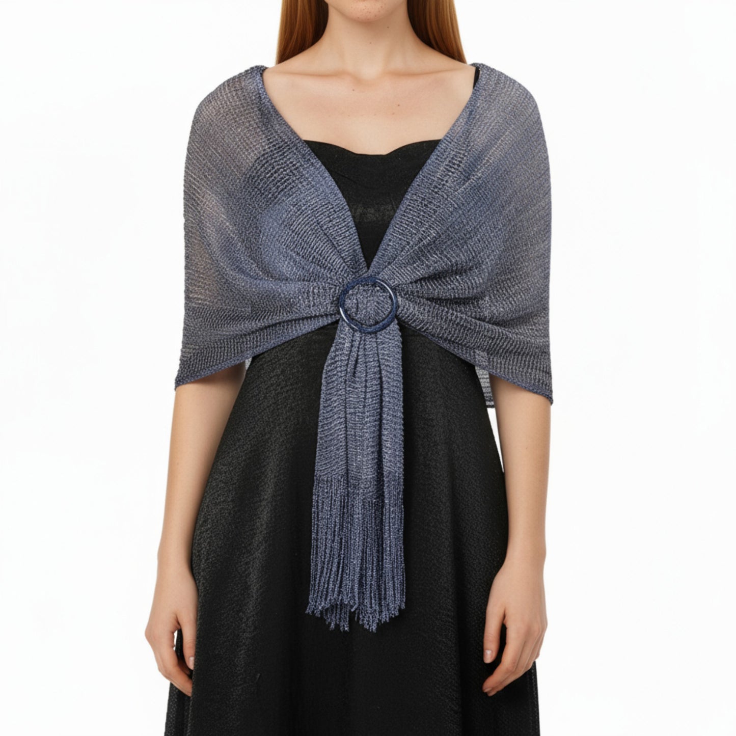 Shimmer Knit Shawl Wrap with Ring Detail and Fringe Hem 17.5x63in