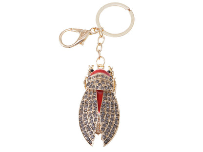 Red Enamel Grey Gold Cicada Fly Insect Bug Wing Clip Keychain