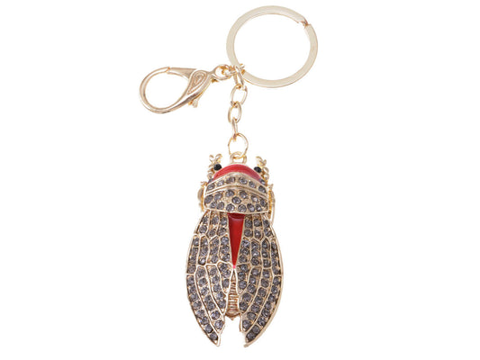 Red Enamel Grey Gold Cicada Fly Insect Bug Wing Clip Keychain