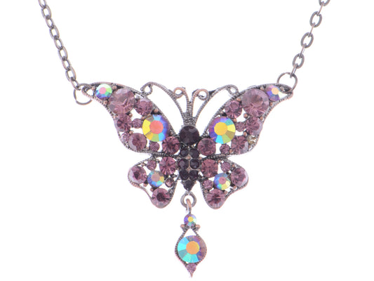 Alilang Silver Tone Purple Colored Stone Butterfly Insect Wings Pendant Necklace