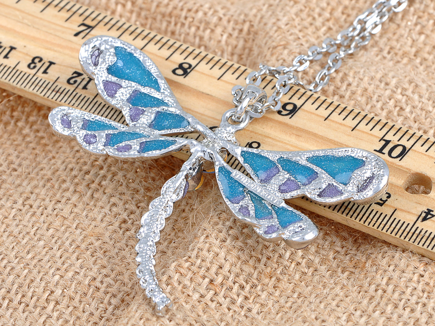 Blue Purple Glitter Enamel Dragonfly Pendant Necklace Over