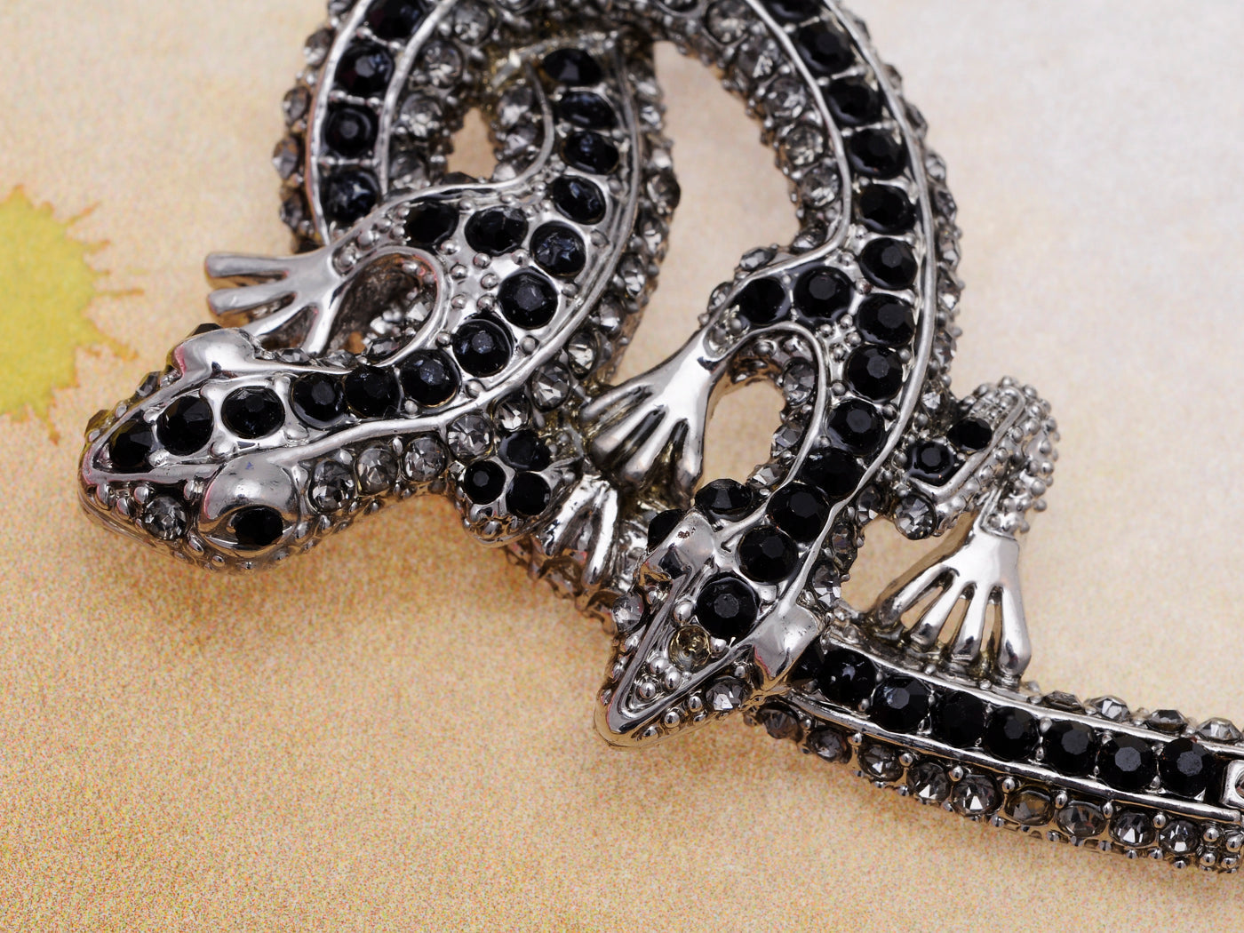 Twin Jet Blck Lizard Reptile Pair Necklace Earring Set