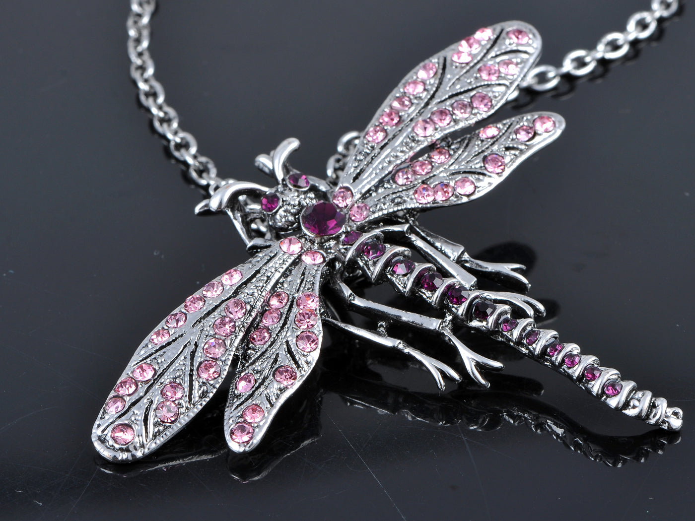 Dragonfly Pendant Necklace Amethyst Colored Purple Pink Emerald Colored Green White