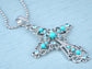 Silver Turquoise Blue Beaded Celtic Cross Pendant Necklace