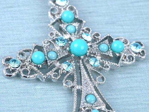 Silver Turquoise Blue Beaded Celtic Cross Pendant Necklace