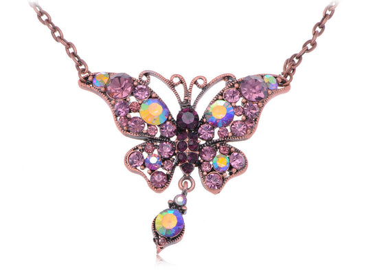 Amethyst Pink Antique Bronze Butterfly Tear Drop Dangle Pendant Necklace