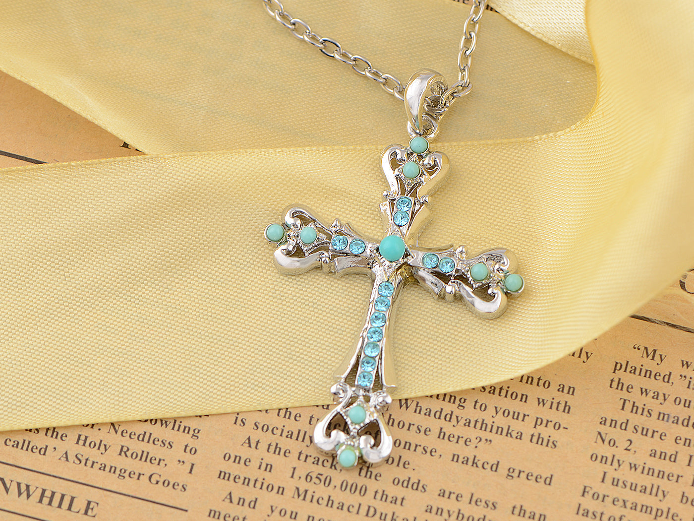 Ornate Cross Pendant Necklace White Black Blue Green Pink