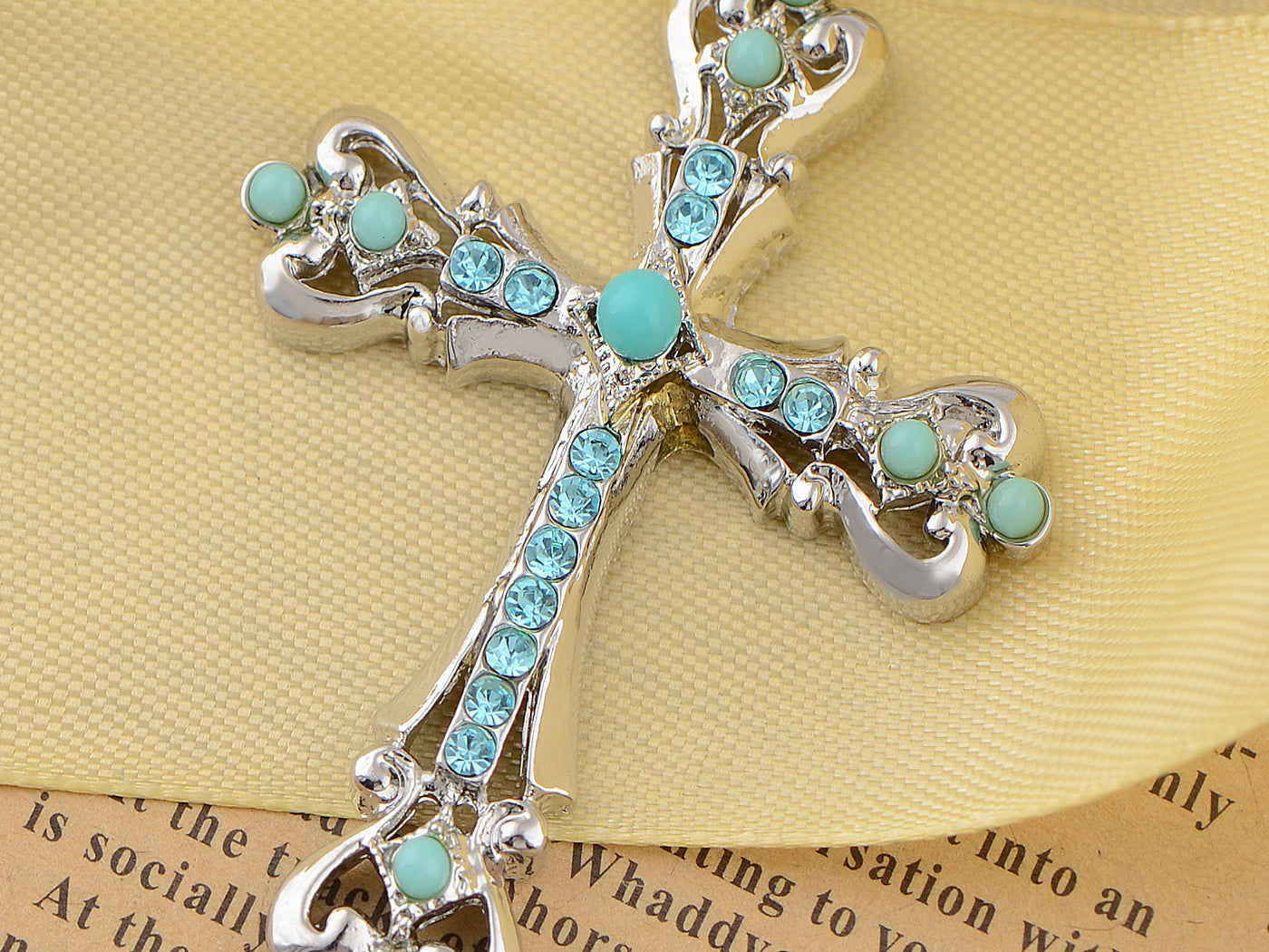 Ornate Cross Pendant Necklace White Black Blue Green Pink