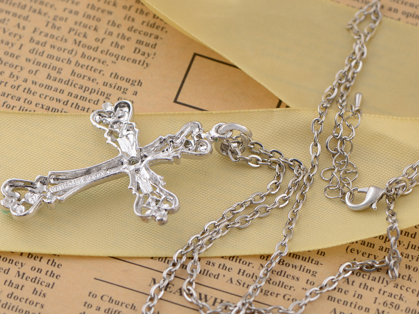 Ornate Cross Pendant Necklace White Black Blue Green Pink