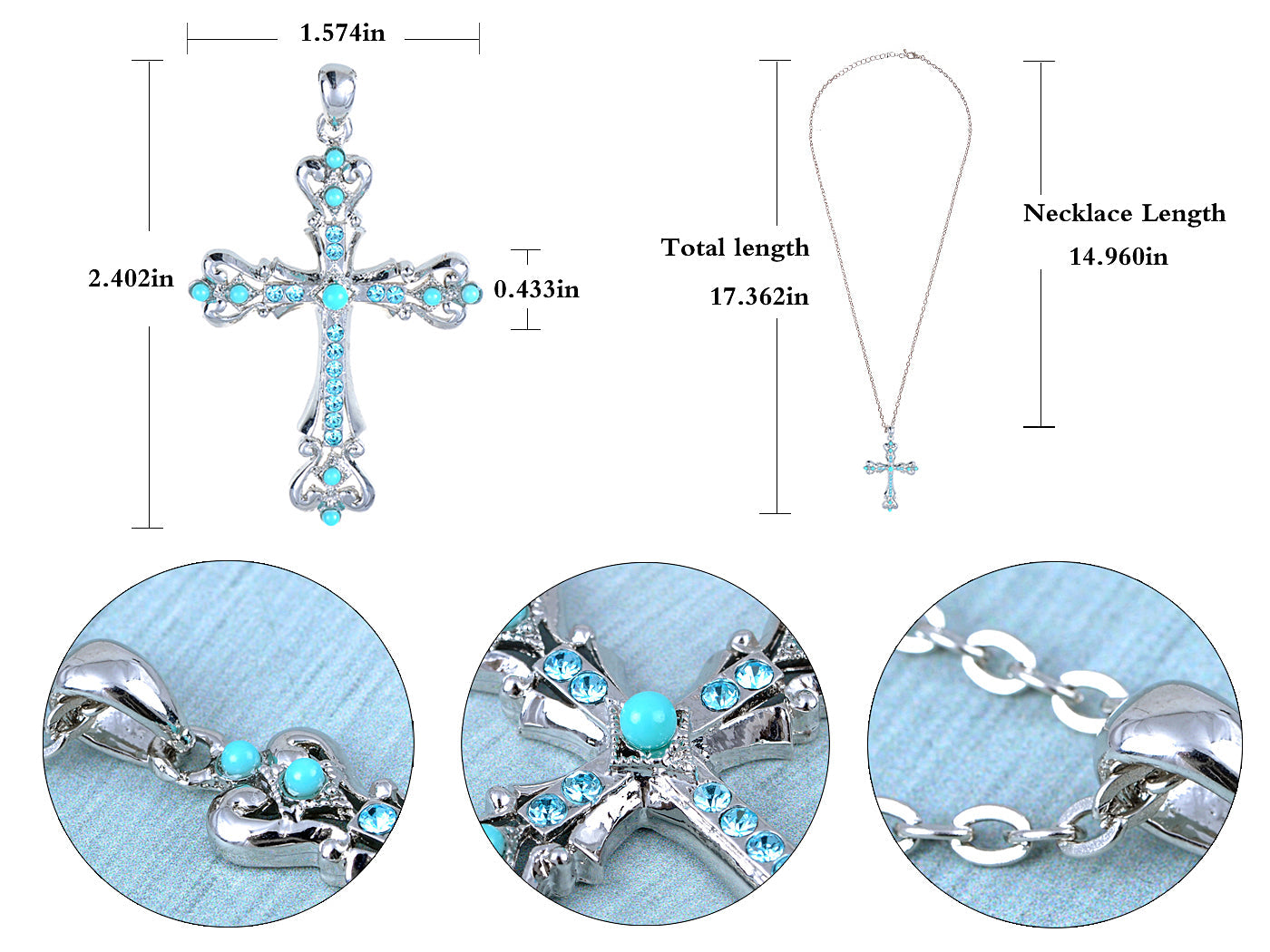 Ornate Cross Pendant Necklace White Black Blue Green Pink