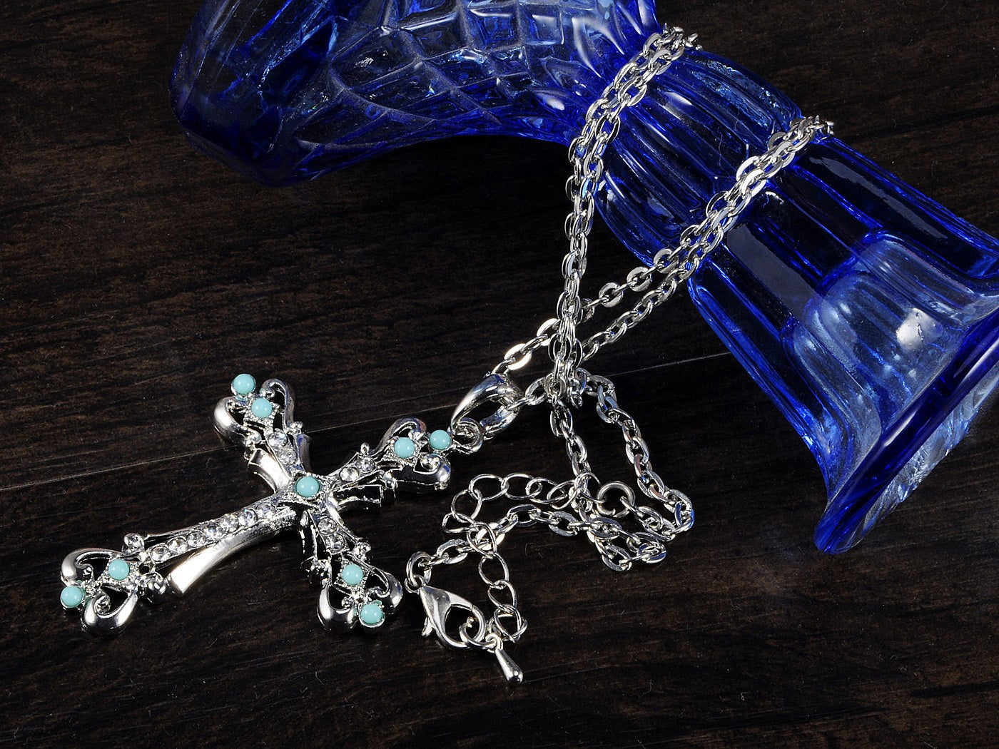 Ornate Cross Pendant Necklace White Black Blue Green Pink