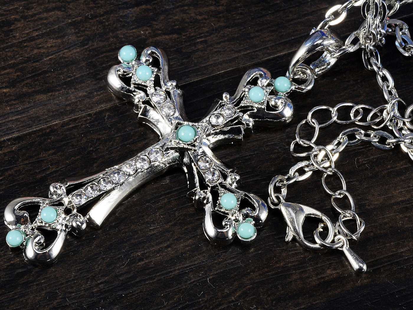 Ornate Cross Pendant Necklace White Black Blue Green Pink