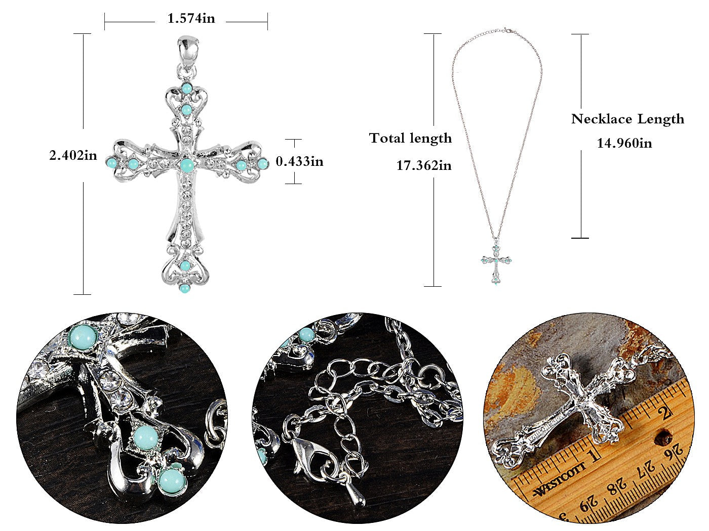 Ornate Cross Pendant Necklace White Black Blue Green Pink