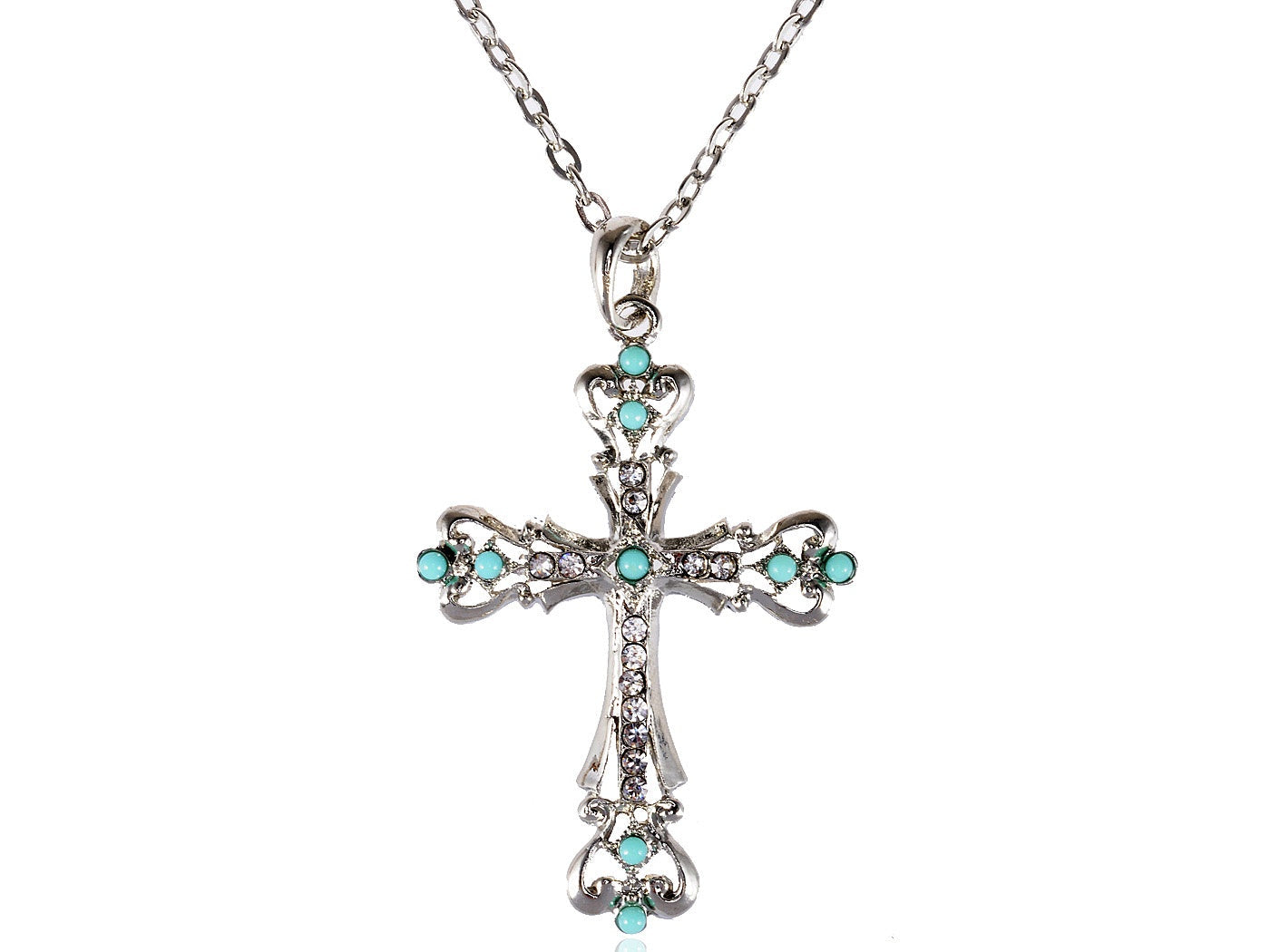 Ornate Cross Pendant Necklace White Black Blue Green Pink